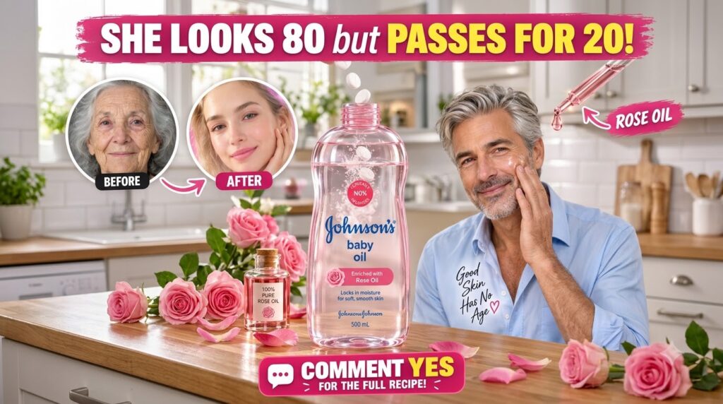 A beauty product Johnson s baby oil enriched with rose oil with before and after portraits and rose petals