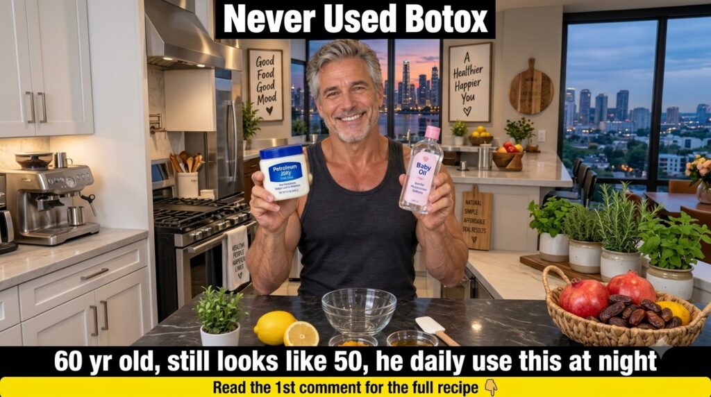 A friendly smiling man in his late 50s or early 60s appearing youthful holding up a bottle of baby oil and a jar of petr