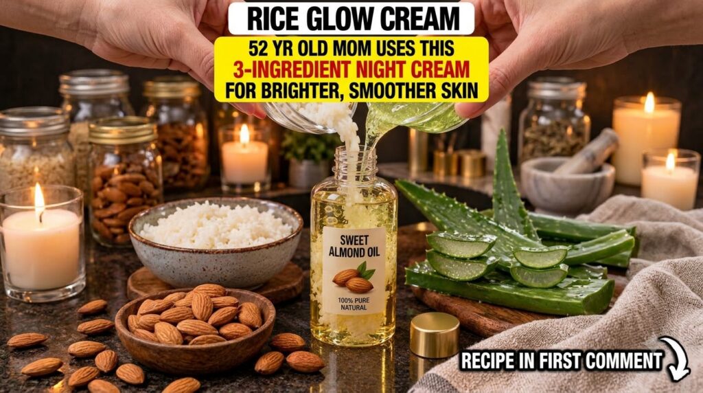 Close-up top-down view of hands preparing a homemade beauty product pouring rice grains and a green liquid aloe vera int