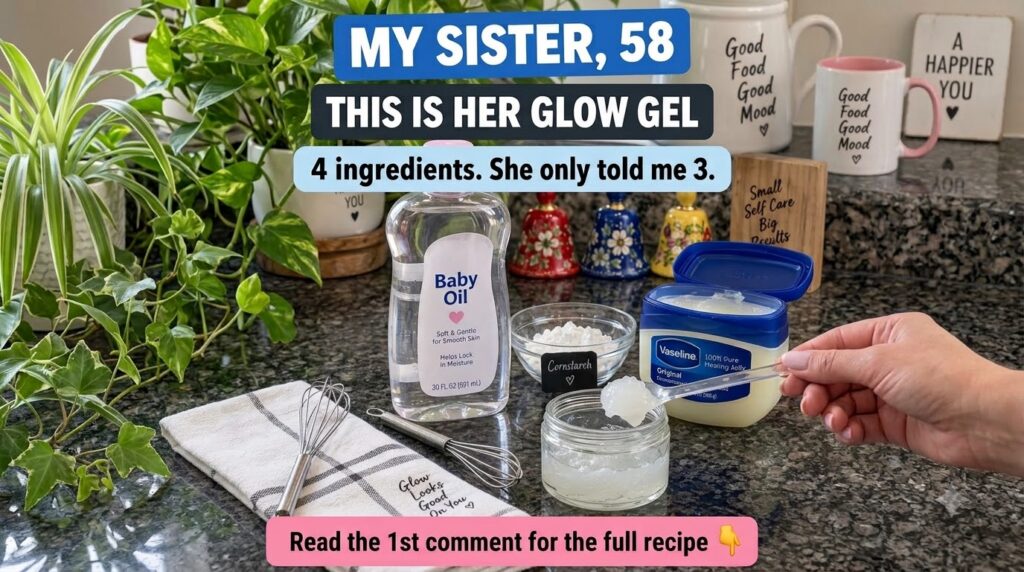 An overhead shot of ingredients and tools for making the glow gel a jar of Vaseline a bottle of sweet almond oil a small