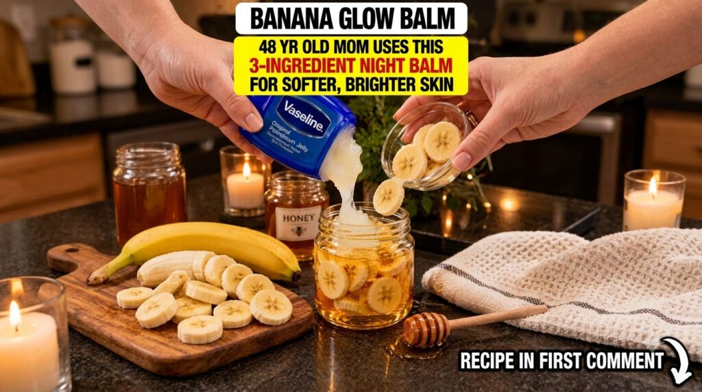 A close-up of hands combining banana slices honey and Vaseline petroleum jelly in a glass jar with a lit candle and soft