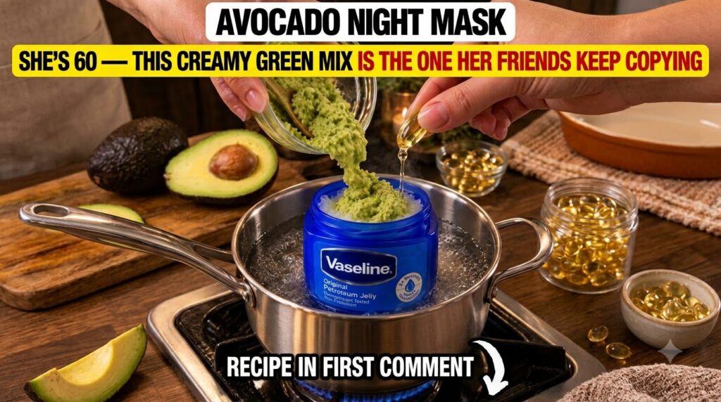 Hands preparing a homemade avocado night mask mashing avocado and pouring it into a jar of warming Vaseline adding liqui