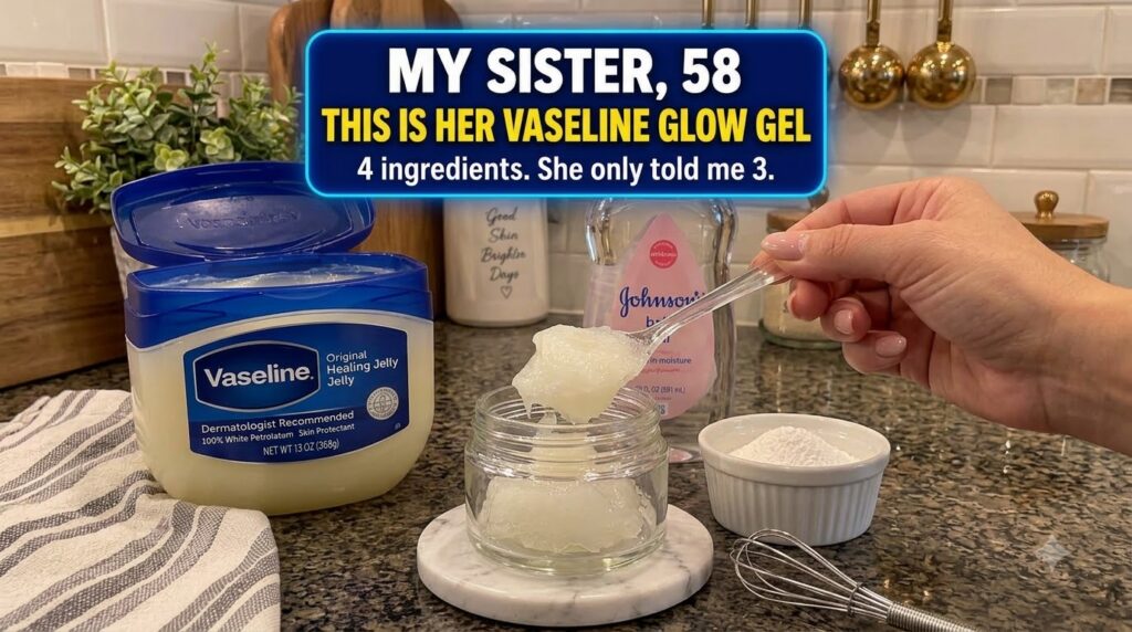 Ingredients for a DIY Vaseline glow gel laid out on a dark counter showing an open Vaseline tub Johnson s Baby Oil a sma
