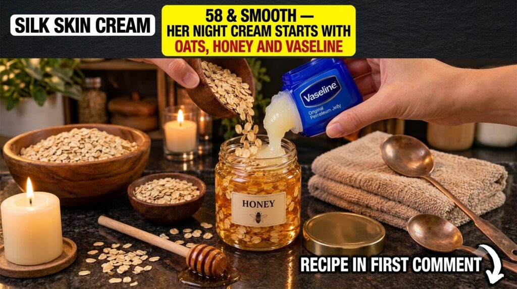 A close-up shot of a person s hands mixing oats honey and Vaseline in a small jar One hand pours oats from a wooden bowl