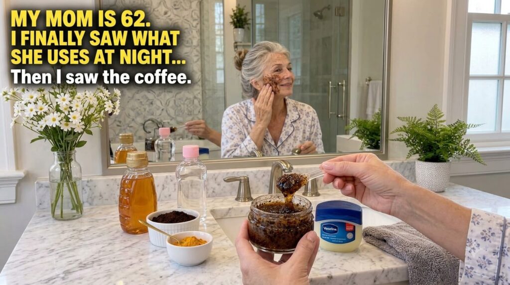Close-up of hands scooping a homemade coffee scrub from a clear glass jar in a bathroom with an older woman applying scr