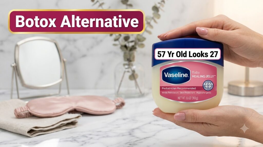 A pair of hands holding a tub of Vaseline Baby Healing Jelly against a blurred white marble background