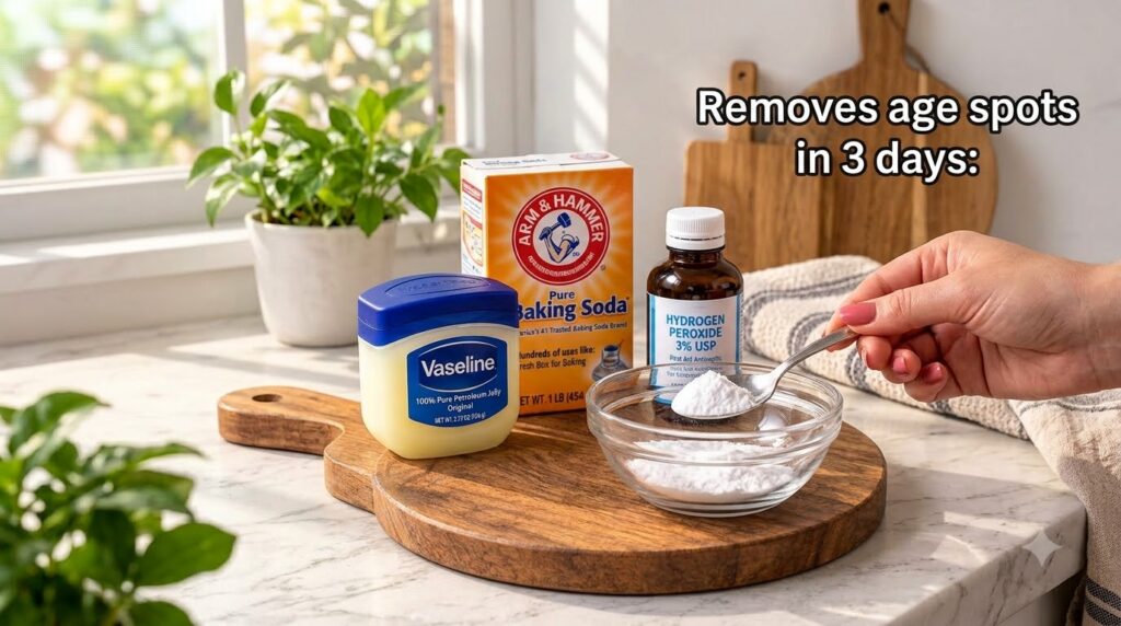 A collection of DIY remedy ingredients prominently featuring Vaseline Arm Hammer Baking Soda and Hydrogen Peroxide A per
