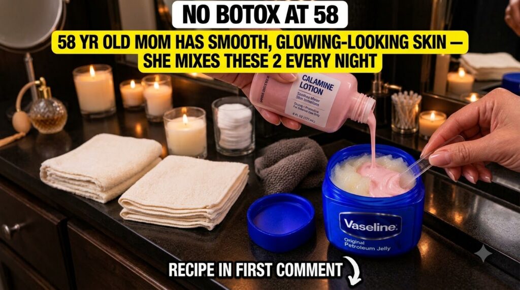 A hand pouring pink calamine lotion into a blue jar containing white petroleum jelly with a mixing tool ready Blurred wa