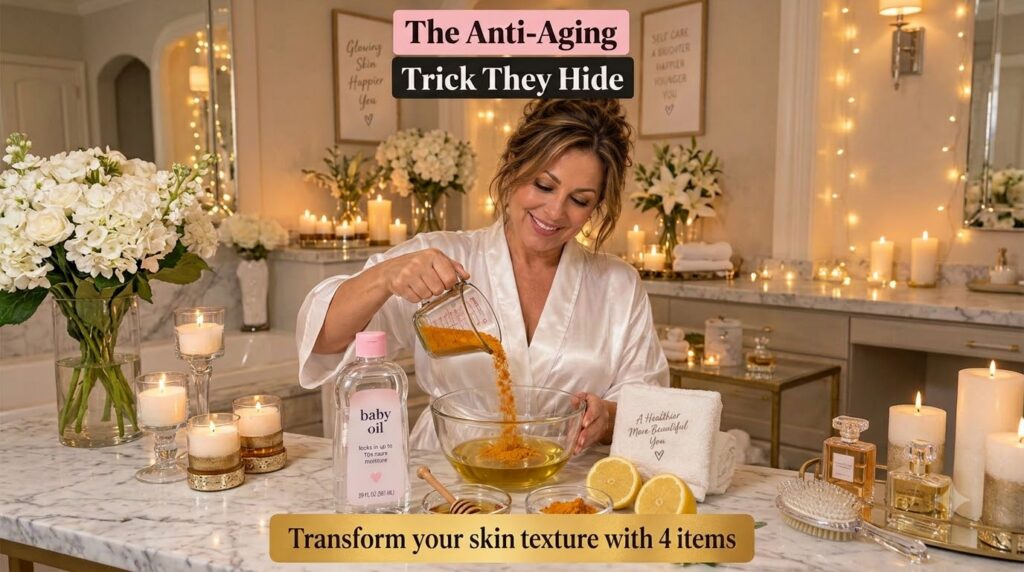 A smiling woman in a white satin robe preparing a turmeric and honey mask pouring orange powder into a bowl of yellow li