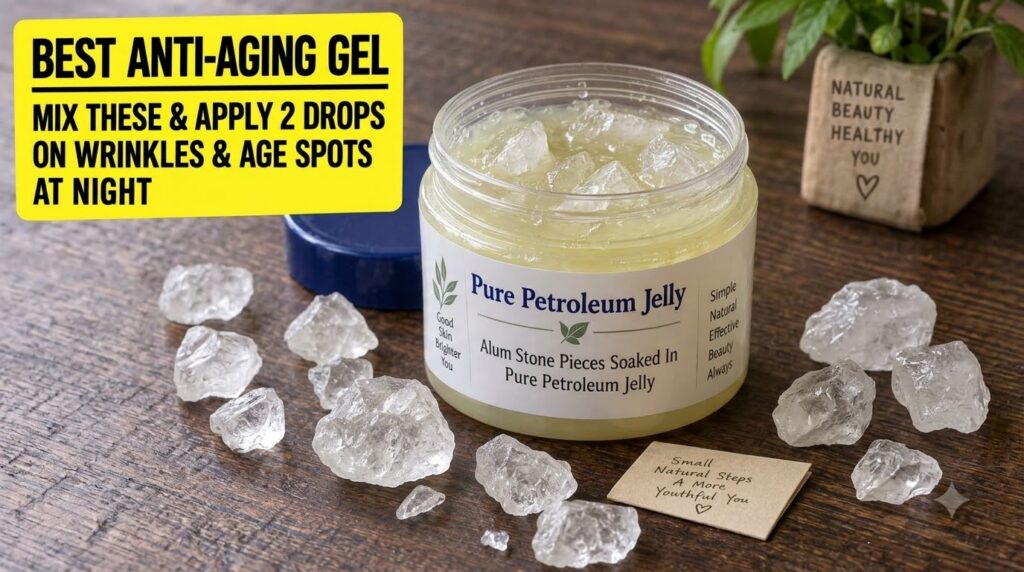 A jar of Vaseline Pure Petroleum Jelly next to several clear crystalline pieces of alum stone on a dark wooden surface T
