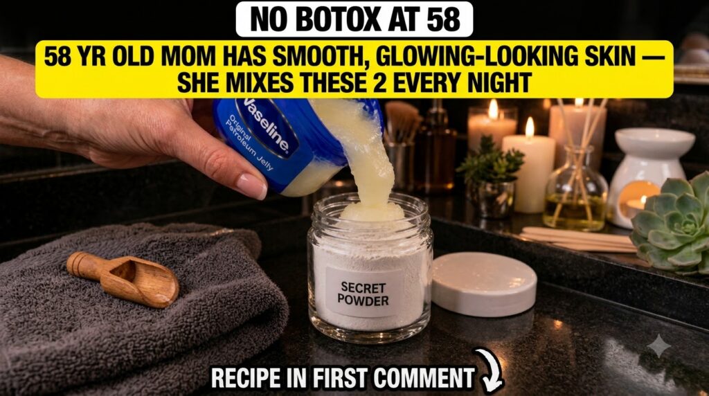 A hand pouring petroleum jelly from a Vaseline jar into a clear jar labeled Secret Powder
