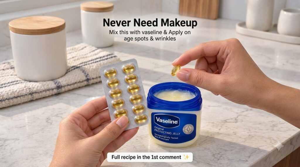 A pair of hands showcasing a DIY beauty hack holding a blister pack of golden capsules and a jar of Vaseline Original Pr