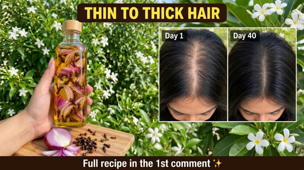 A split-screen image showing a natural hair growth remedy On the left a hand holds a bottle of red onion and clove infus