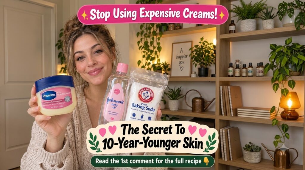 A smiling woman holding up Vaseline Baby Healing Jelly Johnson s Baby Oil and Arm Hammer Pure Baking Soda with potted pl