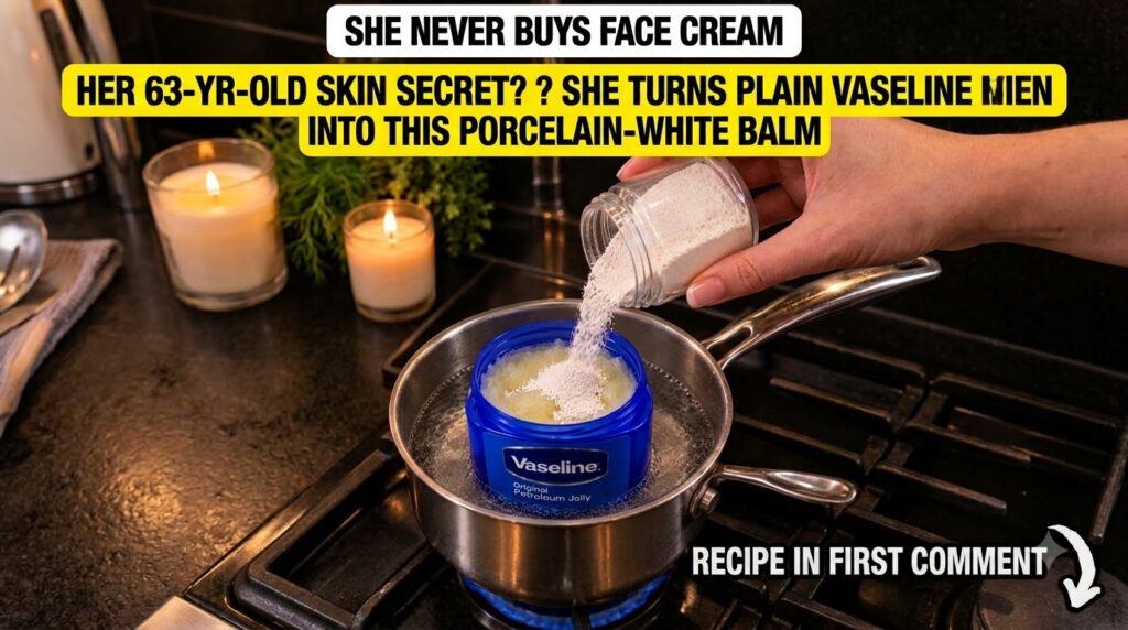 A hand pouring white kaolin clay powder into a blue jar of Vaseline melting in a pot of boiling water on a stove with a 