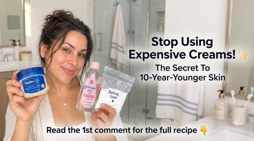 A smiling woman in a bathroom holding Vaseline Johnson s Baby Oil and a bag of baking soda as if revealing her beauty se