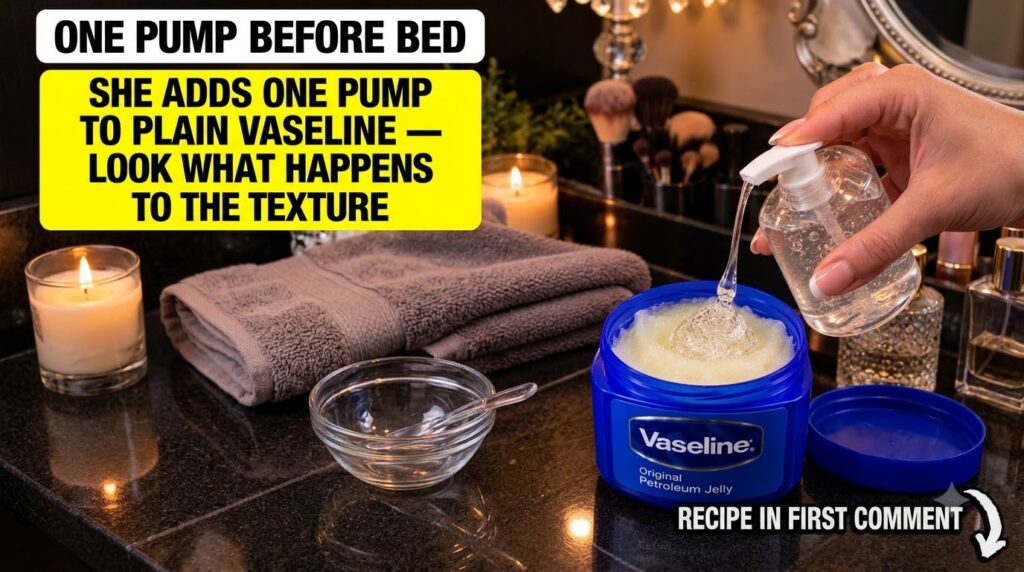 A hand dispensing clear panthenol gel from a pump bottle into a blue tub of Vaseline petroleum jelly