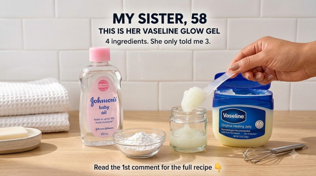 Ingredients for DIY Vaseline Glow Gel recipe on a light-colored countertop featuring a tub of Vaseline a bottle of baby 