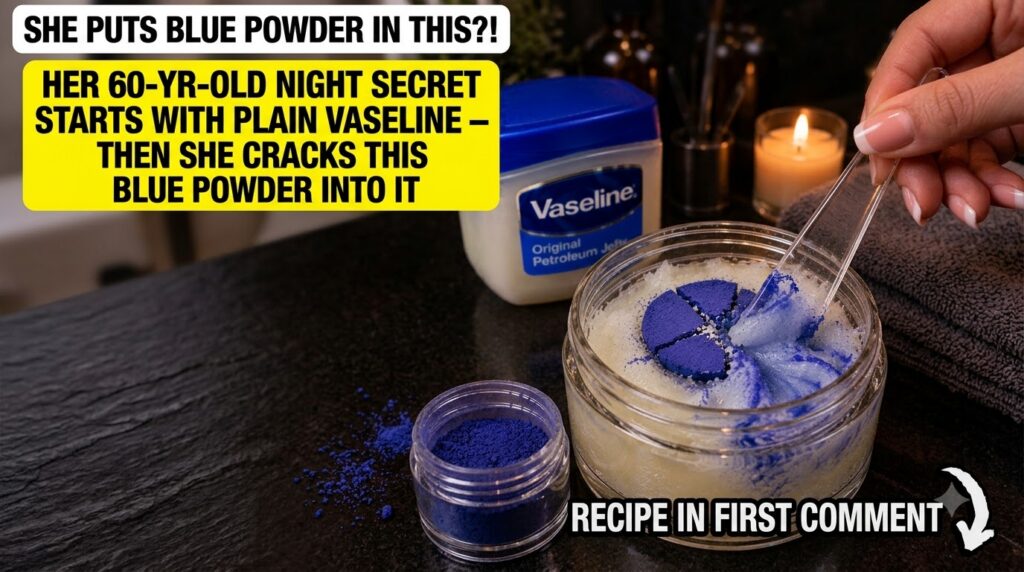 A close-up of a hand mixing vibrant blue azulene powder into Vaseline in a glass jar with a clear spatula A jar of Vasel