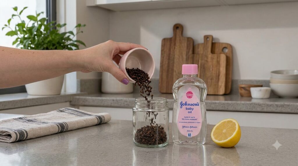 A hand pouring whole cloves from a small pink bowl into a clear glass jar on a light kitchen counter A bottle of baby oi