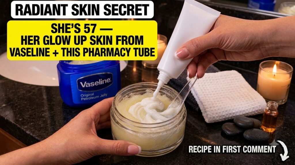 A person s hands mixing Vaseline and ceramide cream in a small glass jar with a blue Vaseline tub and a flickering candl