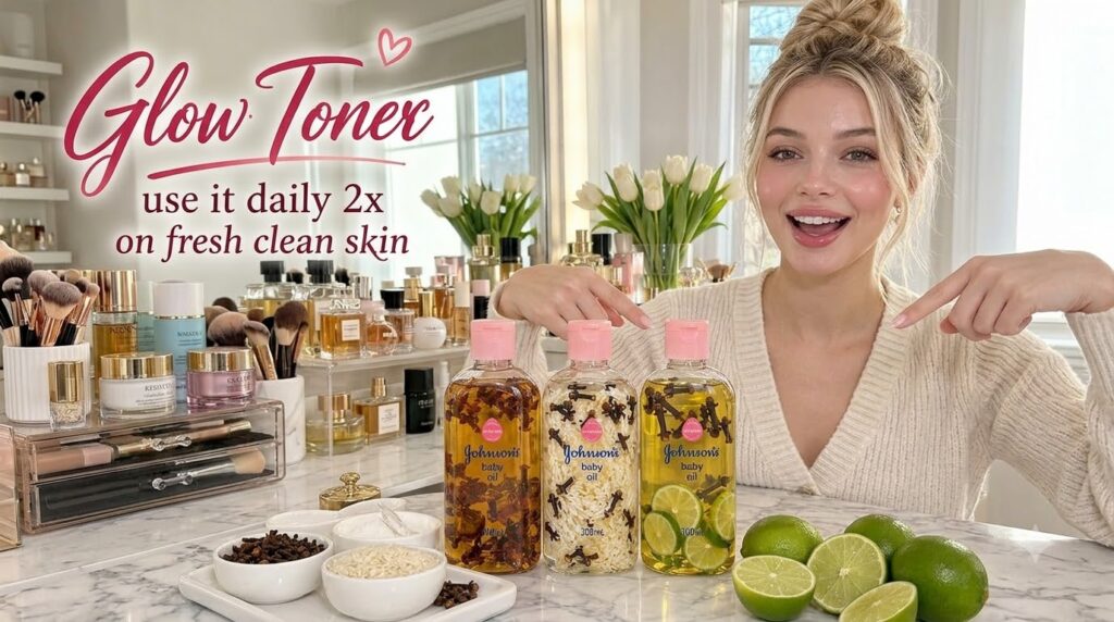 A smiling woman points to three bottles of baby oil infused with cloves rice and lime arranged on a marble surface with 
