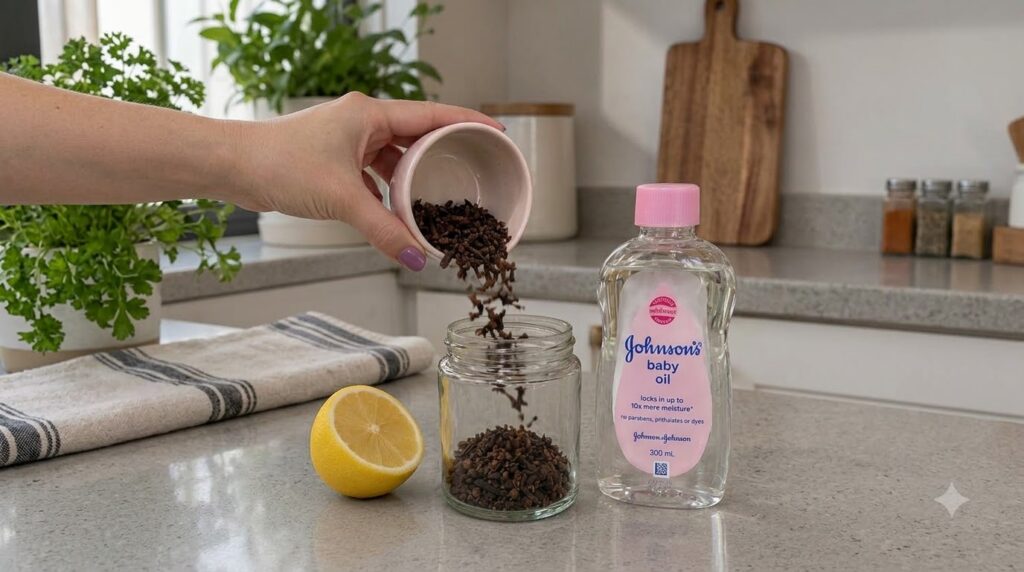 A hand pouring dark brown cloves from a small pink bowl into a clear glass jar on a kitchen counter A bottle of baby oil