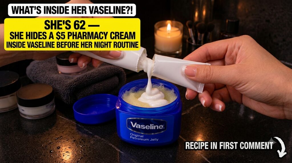 Hands squeezing a white Dexpanthenol cream from a tube into a blue tub of Vaseline petroleum jelly with a soft swirl for