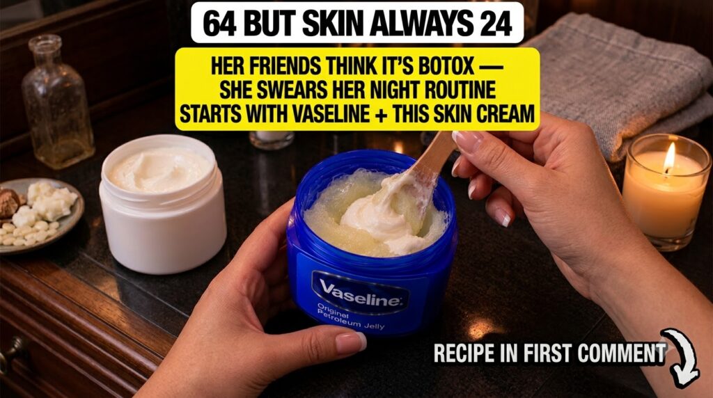 Hands scooping a mixture of Vaseline and a white cream from a blue jar with a wooden spatula with a blurred background o