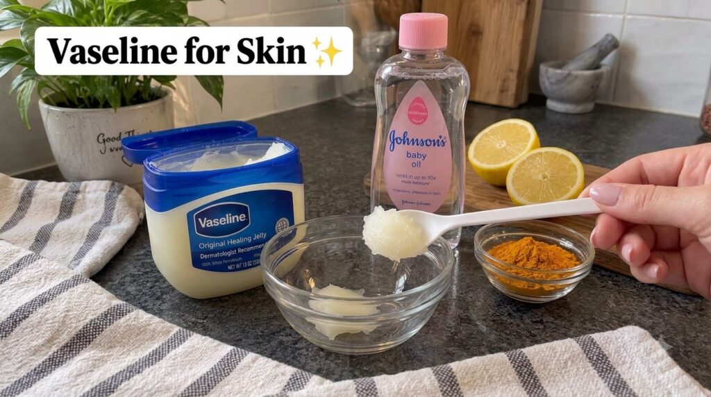 A hand scooping Vaseline from a tub into a small glass bowl on a dark countertop surrounded by a bottle of baby oil slic