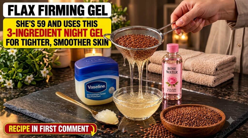 Close-up of a strainer full of flax seeds dripping thick clear gel into a glass bowl with an open jar of petroleum jelly