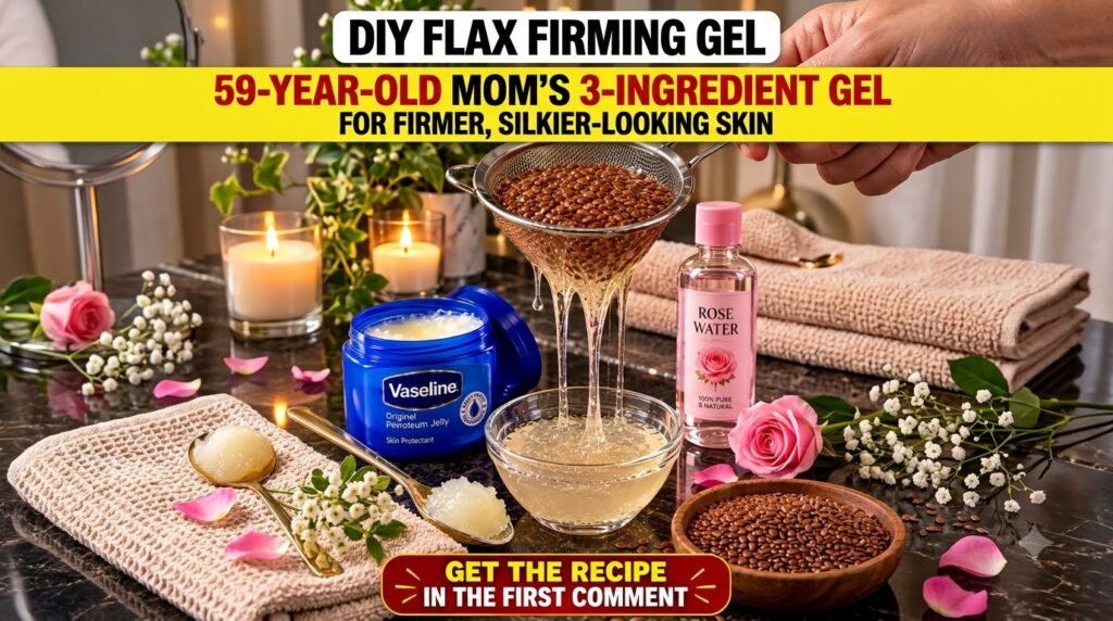 A hand straining flaxseed gel into a glass bowl with flaxseeds rose water and a small container of Vaseline arranged aro