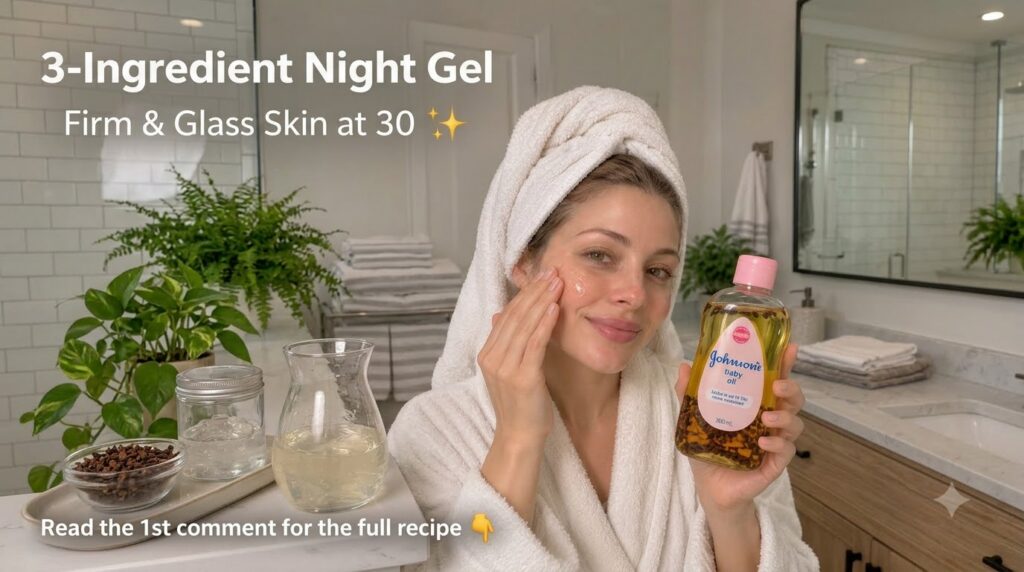 Woman in a white bathrobe and hair towel applying a translucent gel to her cheek holding a bottle of Johnson s baby oil 