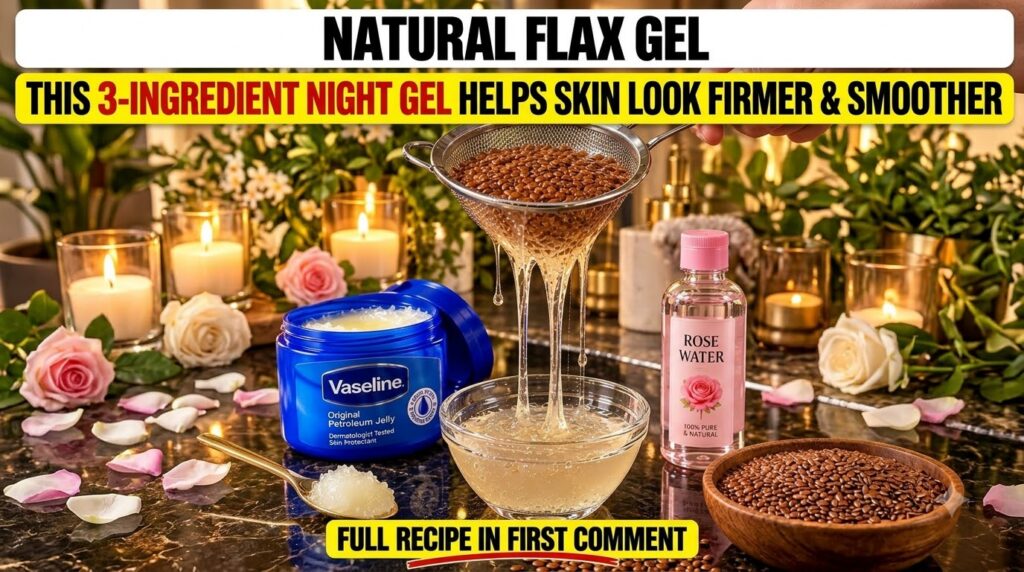 A hand holding a strainer dripping viscous flax seed gel into a glass bowl with flax seeds Vaseline and rose water bottl