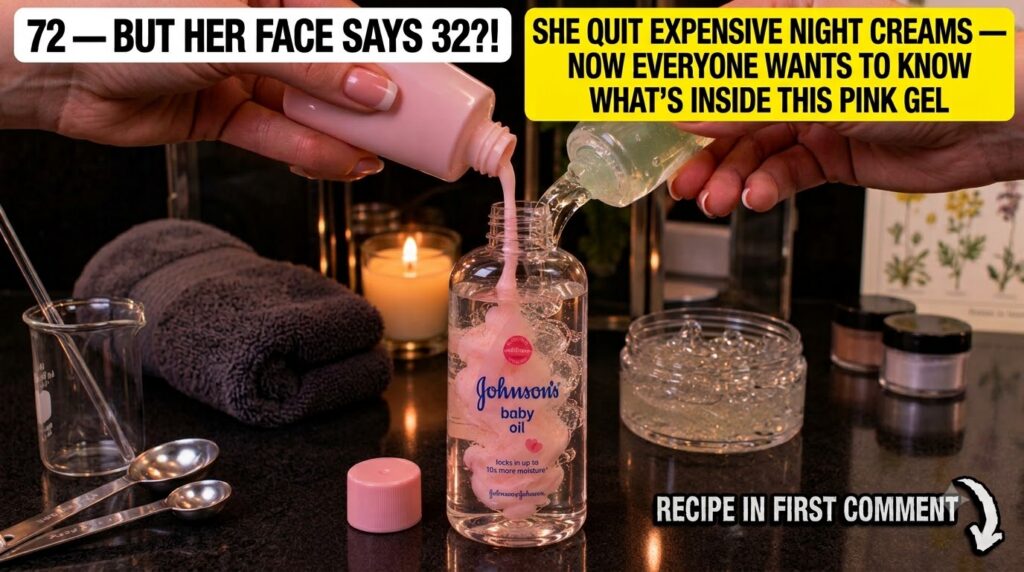 Hands mixing pink calamine lotion clear aloe vera gel and Johnson s baby oil into a bottle creating swirls A lit candle 