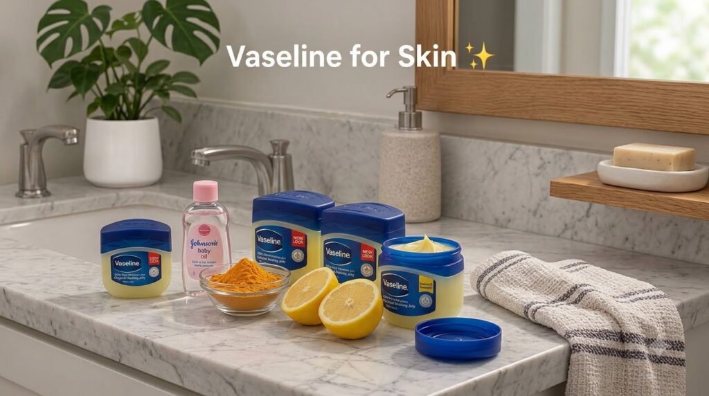 A collection of skincare products and natural ingredients arranged on a white marble bathroom counter featuring Vaseline