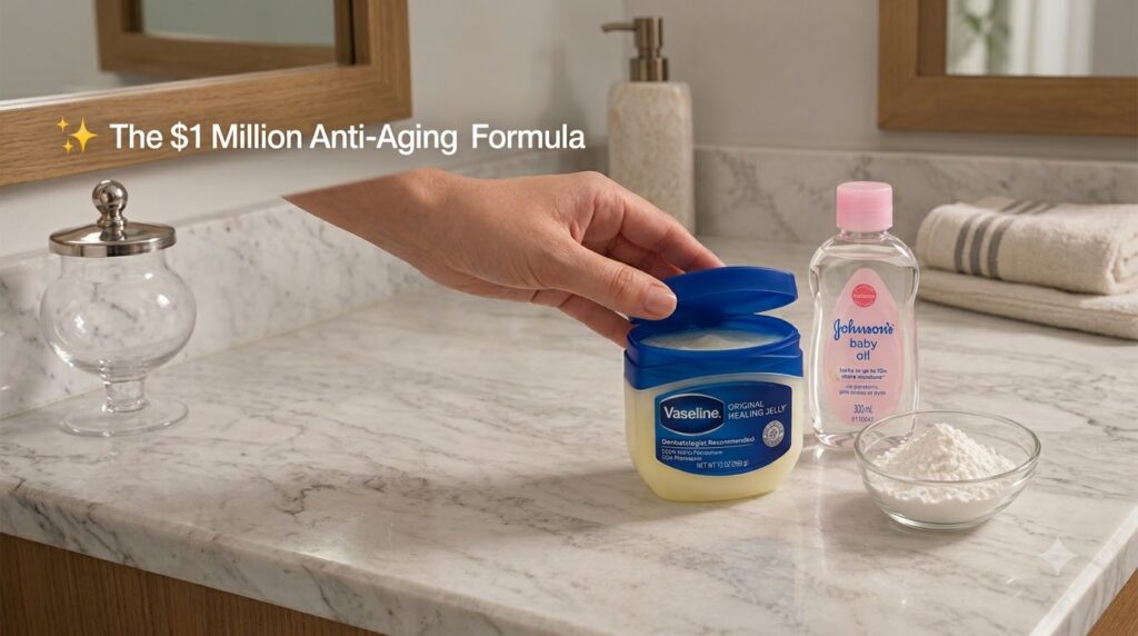 A hand holding an open jar of Vaseline next to a bottle of Johnson s baby oil and a small bowl of white powder on a marb
