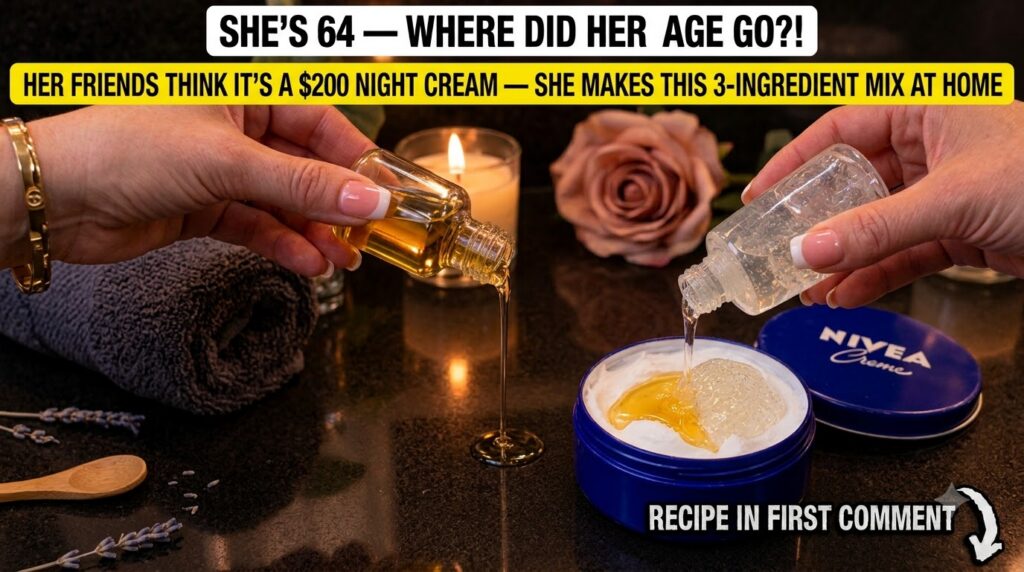 Hands mixing NIVEA Creme clear aloe vera gel and golden rosehip oil in a blue jar with a serene background
