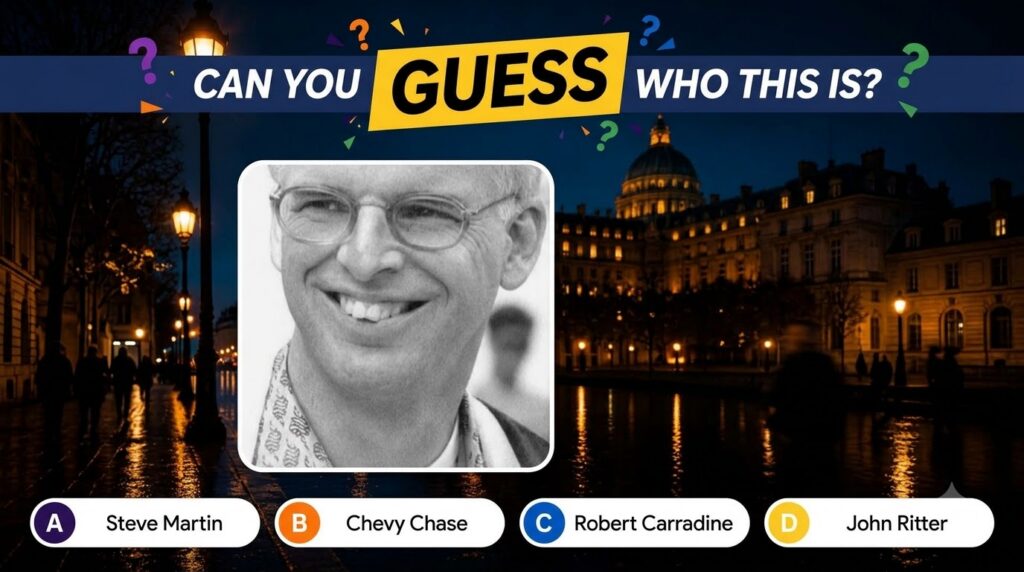 Black and white close-up of a smiling man wearing glasses part of a multiple-choice quiz interface A night cityscape wit