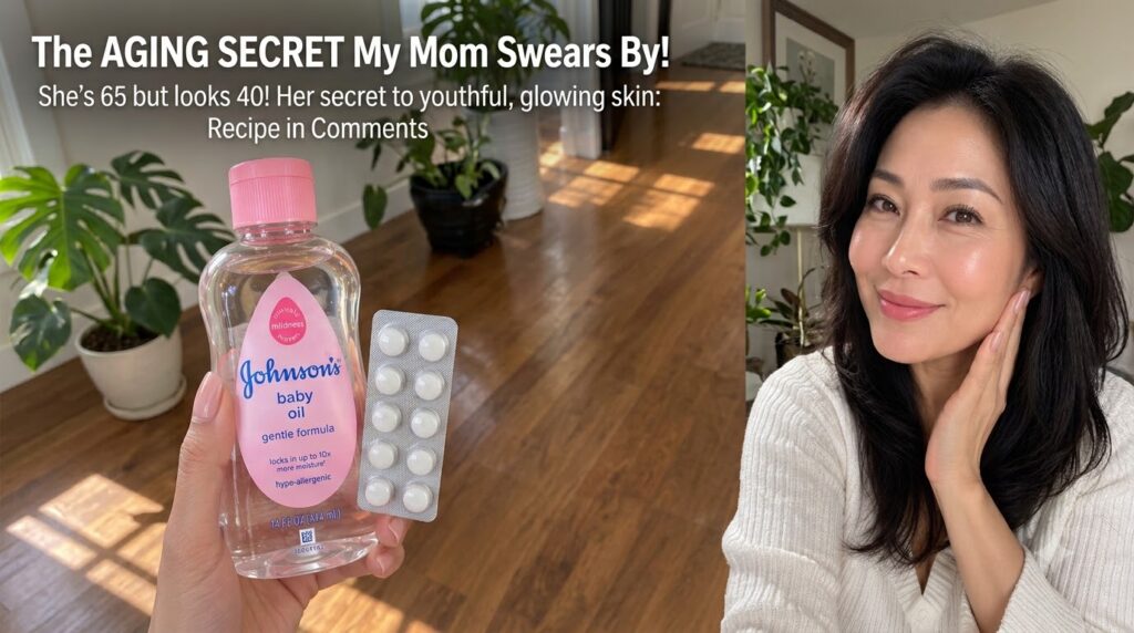 A split image On the left a hand holds Johnson s baby oil and a blister pack of white pills on a wooden floor On the rig