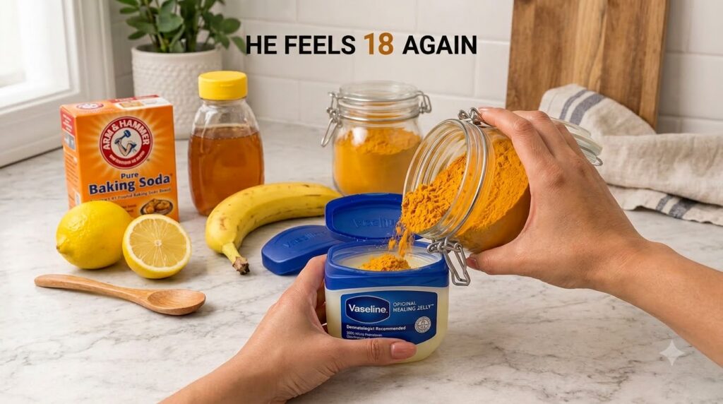 Hands pouring golden turmeric powder from a glass jar into an open container of Vaseline Original Healing Jelly on a mar