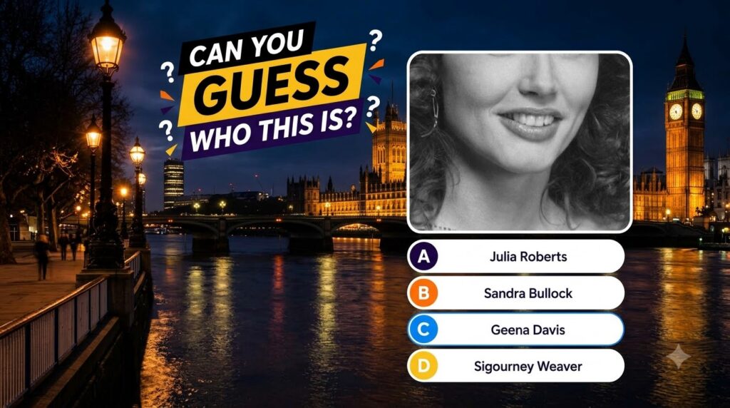 A black and white close-up of a smiling Geena Davis s lower face framed in a rounded rectangle with a CAN YOU GUESS WHO 