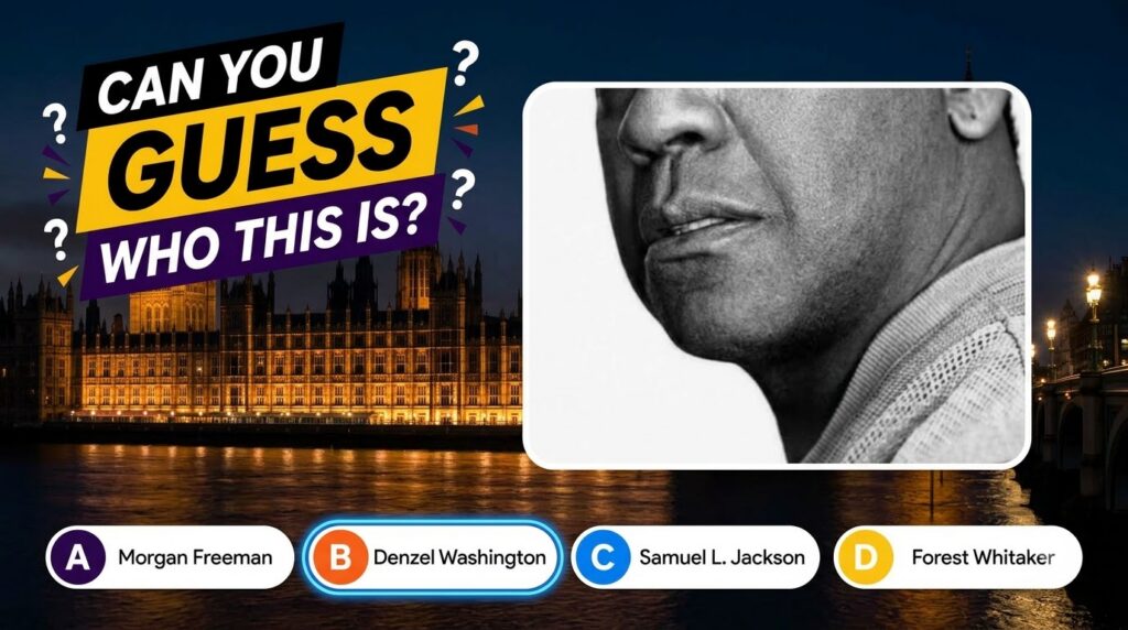 A black and white close-up of Denzel Washington s lower face as part of a multiple-choice quiz overlayed on a dramatic n