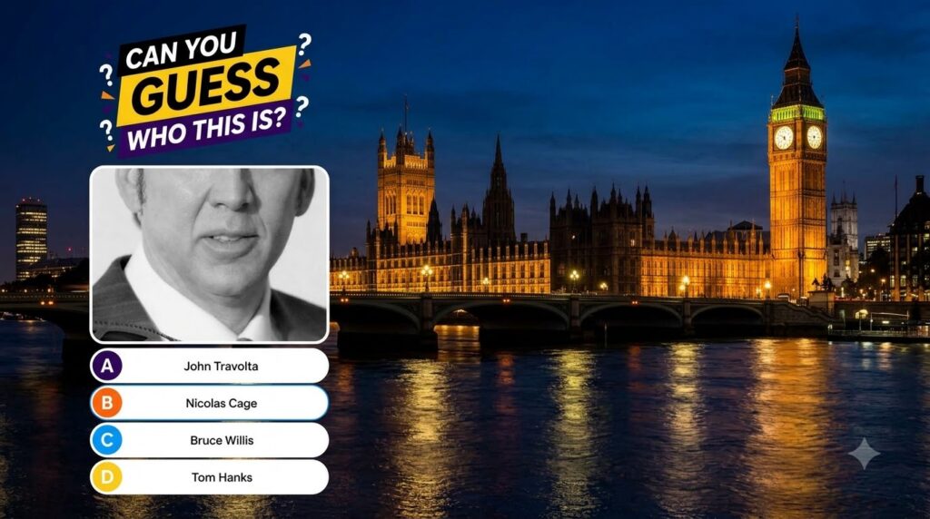 A black and white close-up of Nicolas Cage s face against a vibrant nighttime cityscape with London landmarks part of a 
