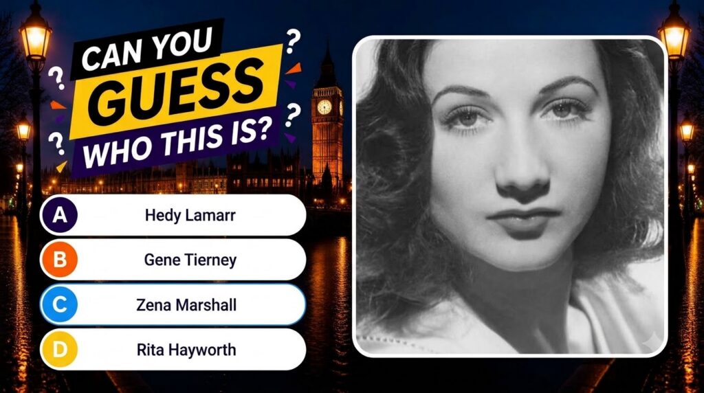 A black and white close-up of a woman s face central to a quiz graphic titled CAN YOU GUESS WHO THIS IS The background s