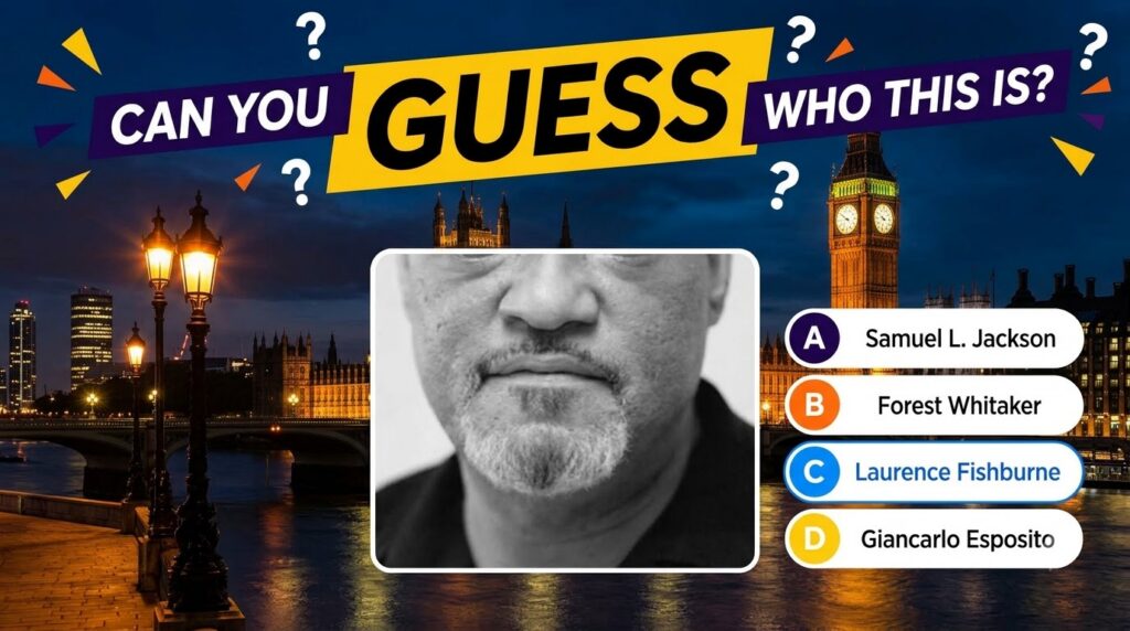 A quiz graphic showing a close-up black and white crop of Charlie Chaplin s face in a rounded frame with a nighttime Lon