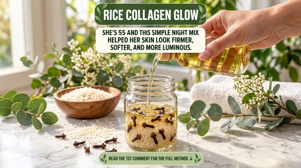 A hand pouring golden oil from a clear bottle into a glass jar containing white rice and several cloves with green folia