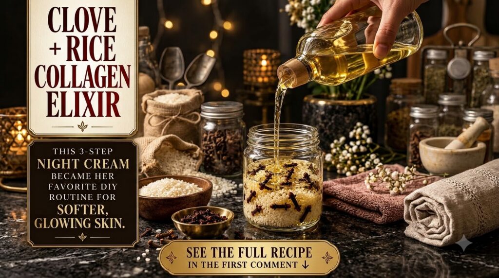 A hand pouring golden jojoba oil into a glass jar filled with white rice grains and whole cloves set against a softly li