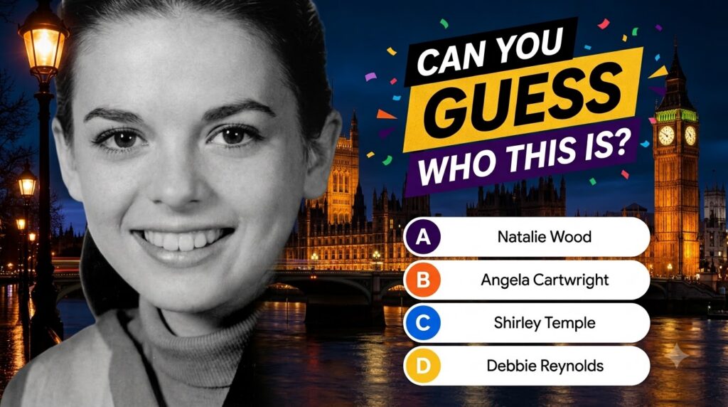 A black and white close-up photo of a young smiling woman presented as a quiz question The background shows the Houses o