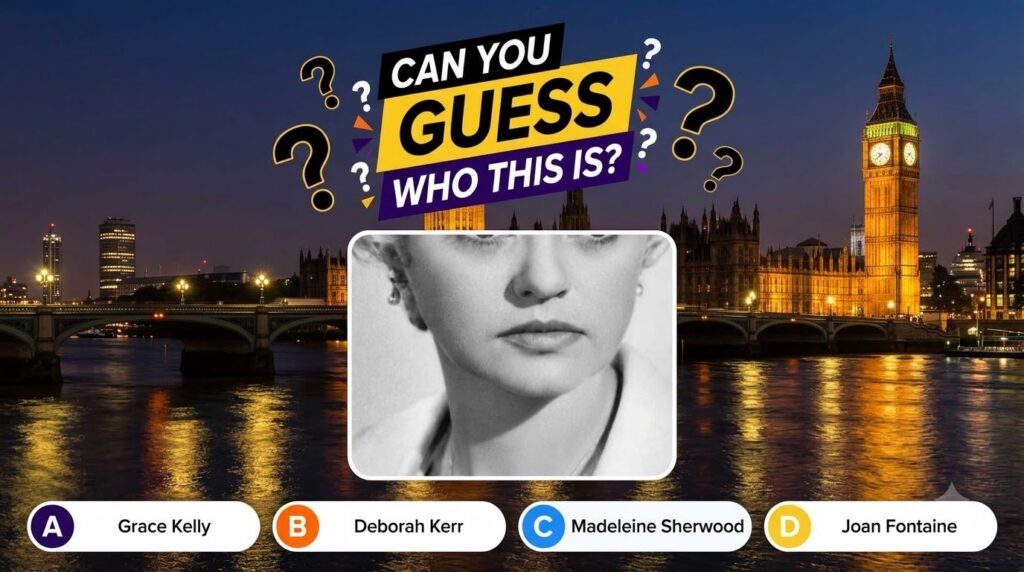 A vertical quiz-style graphic featuring a black and white portrait of Madeleine Sherwood in a rounded frame superimposed